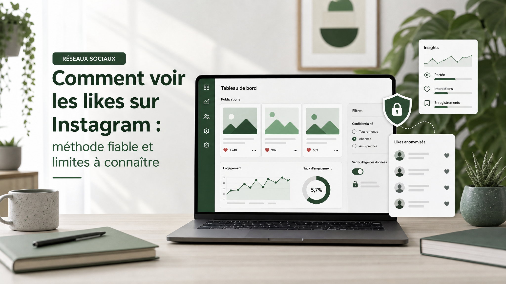 Tableau de bord Instagram avec likes, insights et confidentialité pour analyse marketing