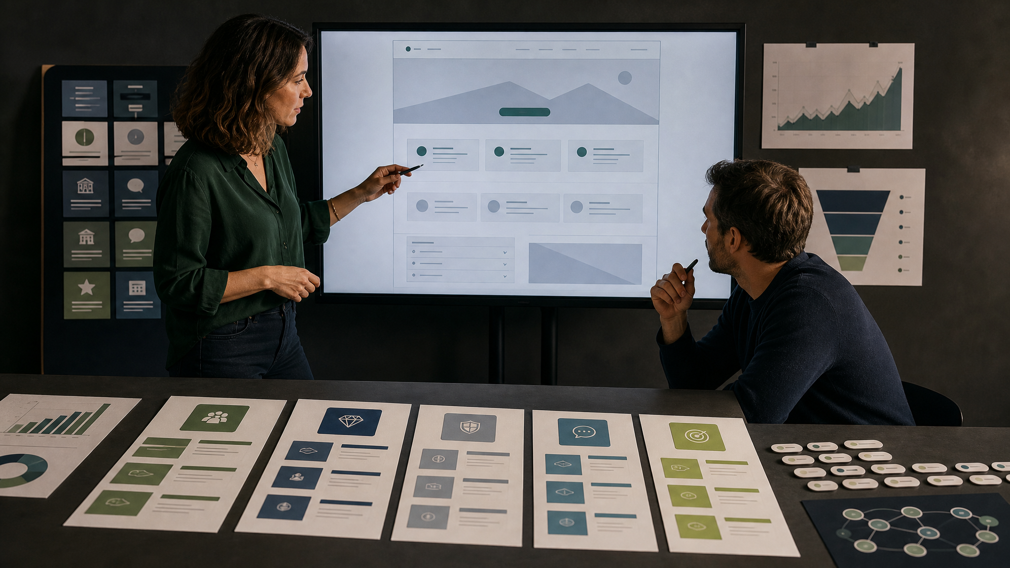 Illustration éditoriale d’une copy strategy B2B structurée autour d’une landing page, de preuves, d’objections et de signaux SEO conversion.