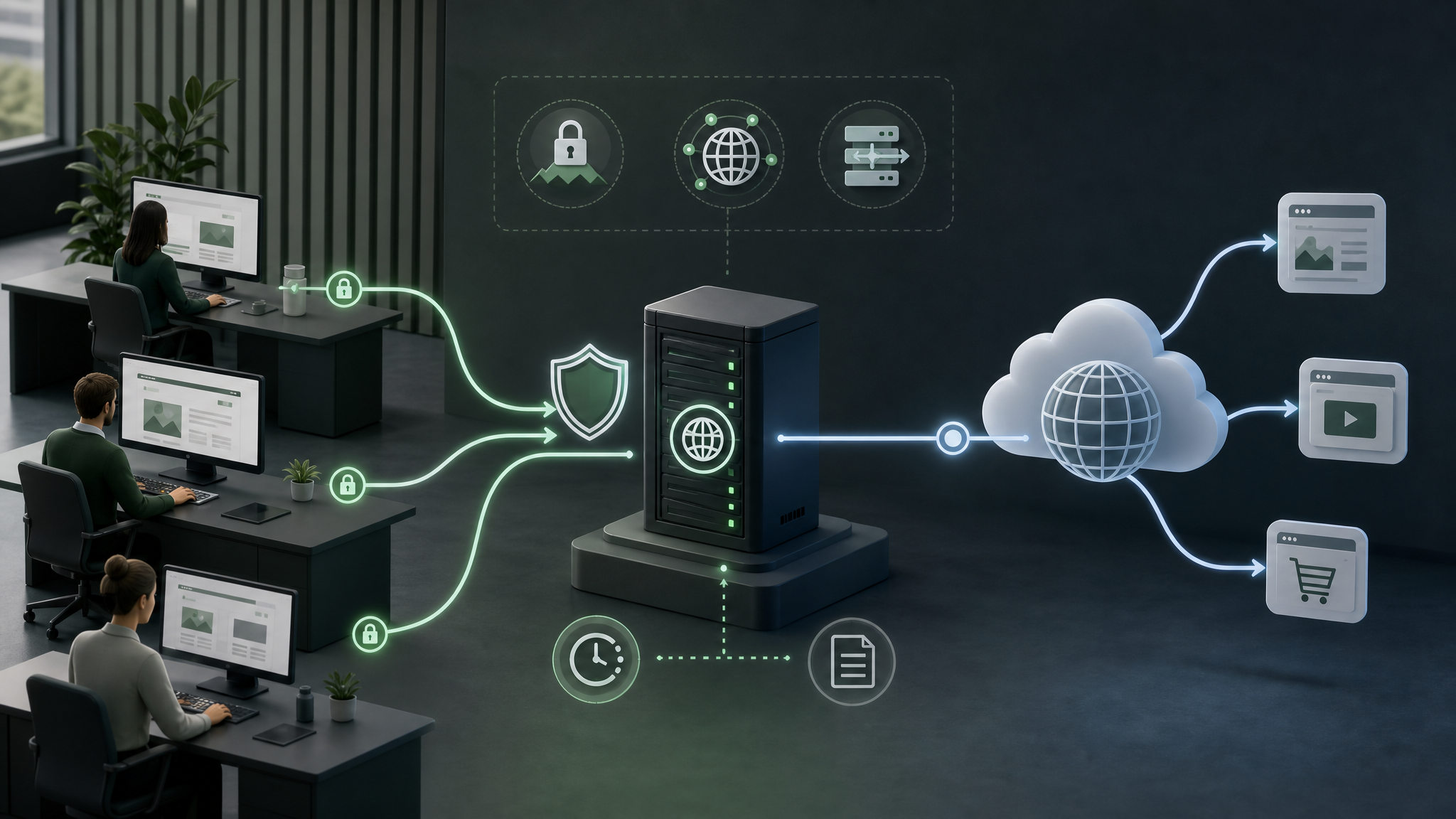 Illustration éditoriale d’un serveur proxy d’entreprise filtrant et gouvernant le trafic web.