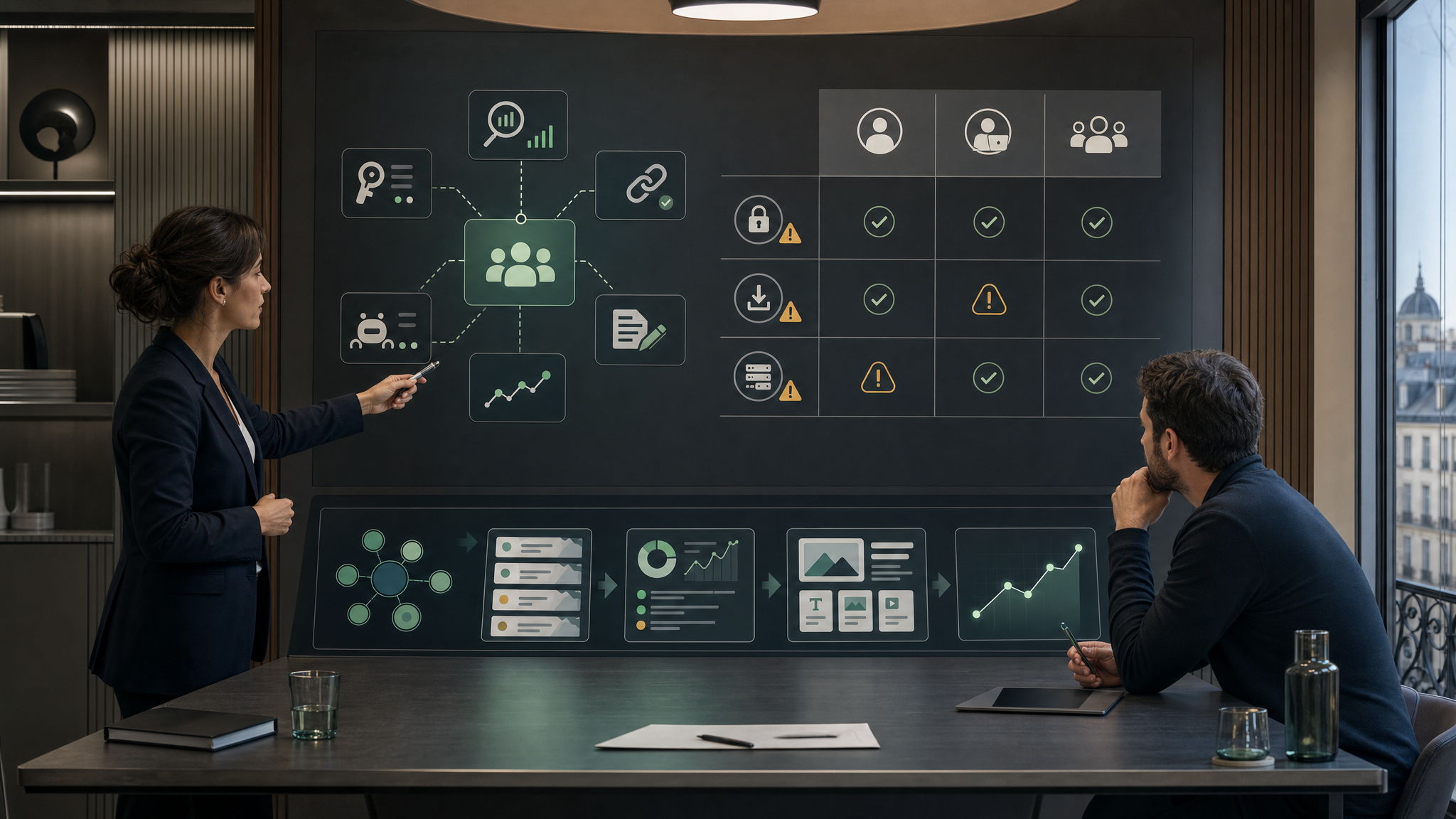 Illustration B2B d’une grille de décision SEO pour évaluer RankerFox, ses outils partagés, ses risques et son impact visibilité.