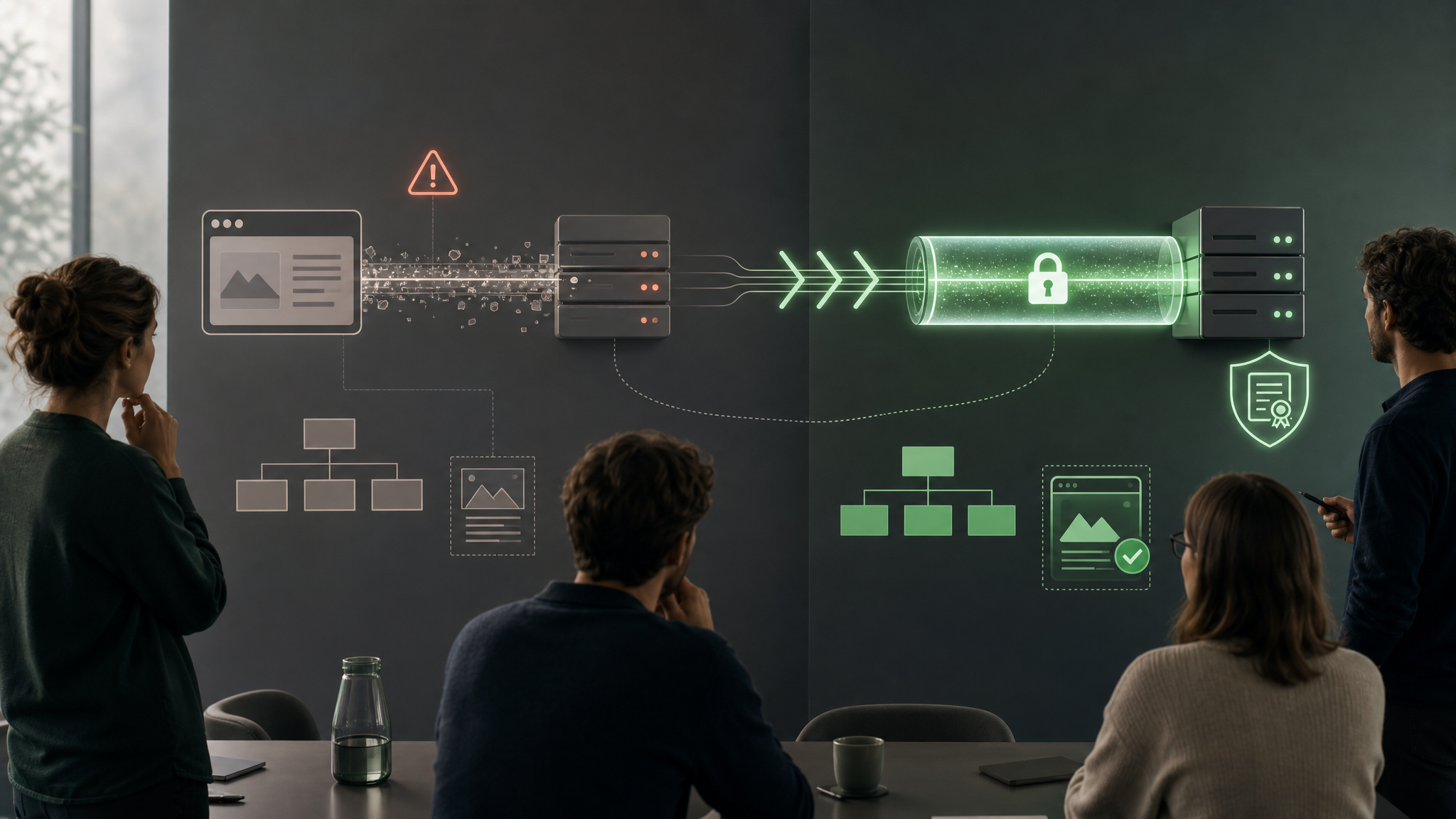 Illustration éditoriale HTTP vs HTTPS pour un site professionnel : chiffrement TLS, certificat et migration SEO propre.