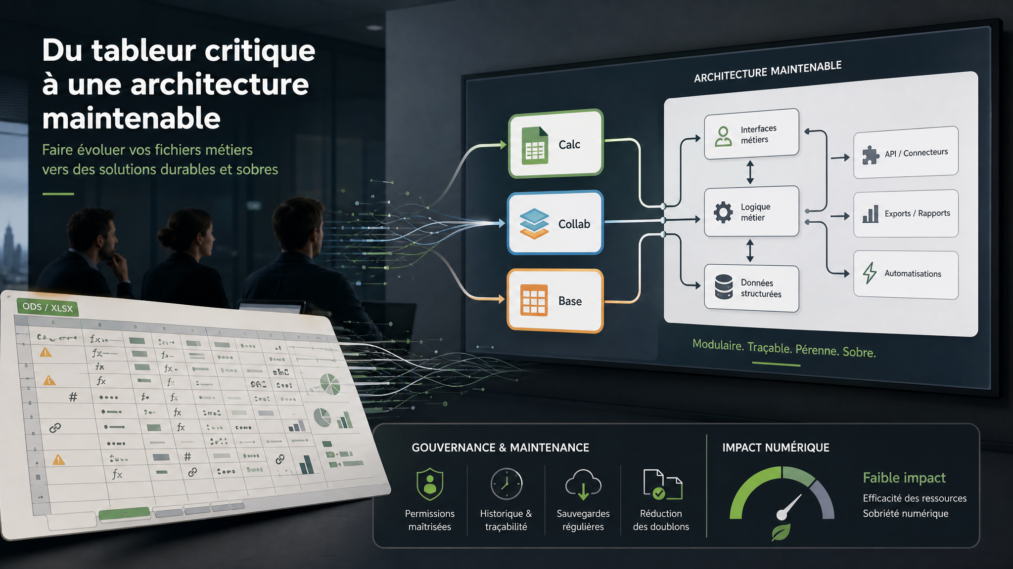 Illustration éditoriale sur les alternatives Excel open source, la maintenance et la sobriété numérique
